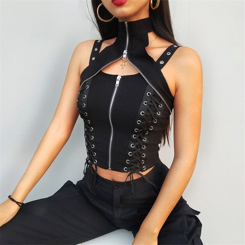 Sleeveless Zipper Choker Halter Gothic Black Tank Bandage Fitness Crop Top Punk Camis Women Bodycon Strap Clubwear Tops