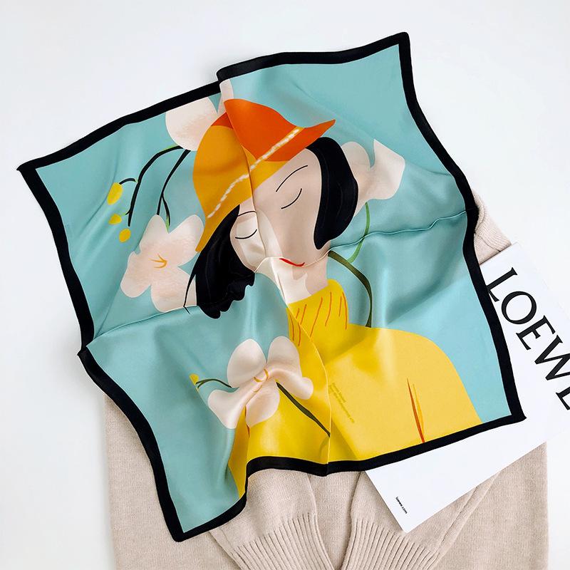 Scarves 100% Pure Silk Square 52*52 Cm Women Fashion Small Bandana Cartoon Lady Print Crepe Satin Plain Handkerchief