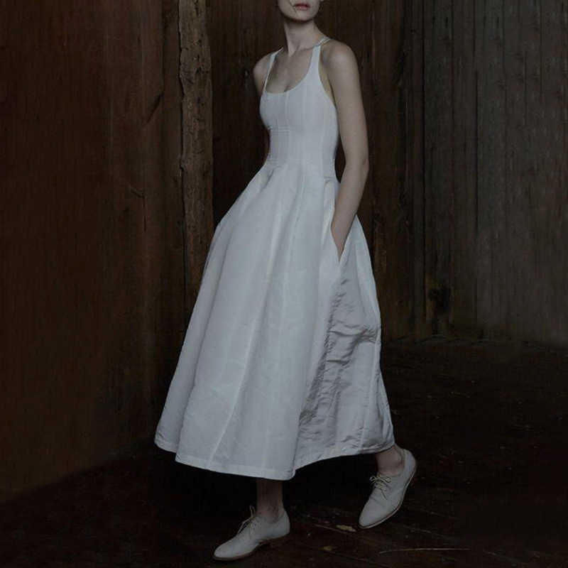 2021 Summer Product Cool Temperament Sleevels Suspender Slim Big Swing Drs High Waist Mid Length Skirt Female