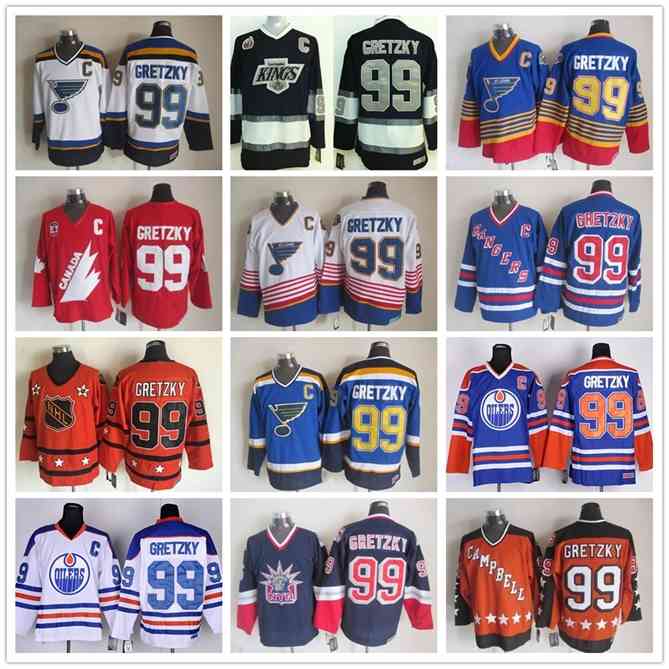 96 Ice Hockey 99 Wayne Gretzky Jersey Men Rangers LA Kings Oilers St. Louis Blues Wayne Gretzky Jerseys All Star Blue White Red