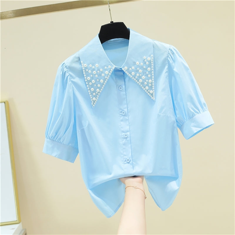 Women&#039;s Blouses & Shirts Sweet Pearl Beading Sleeve Doll Collar Women Fashion White Blue Baggy Loose Summer Tops Short Shirt DOPL