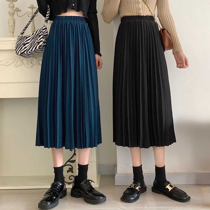 Skirts Spring Summer 2021 Women Fashion Black Pleated Skirt High Waisted A-Line Midi Long For Teen Girls Jupon 54UI
