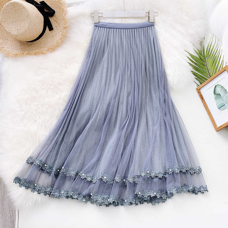 Two Piece Dress Summer High Waist Slim Tulle Skirts Mesh Patchwork Lace Vintage Embroidered Long Pleated Skirt Faldas Saias H86T