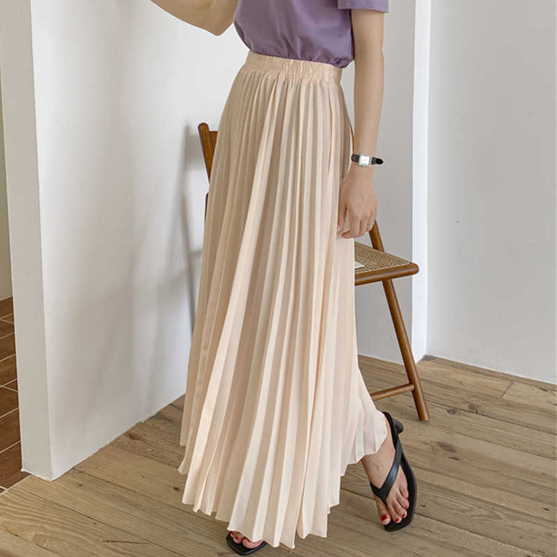 Skirts Spring Summer Long Mixi Pleated Women Korean Fashion Brief Elastic High Waist A-Line Chiffon Skirt Ladies jupe plisse KGHD