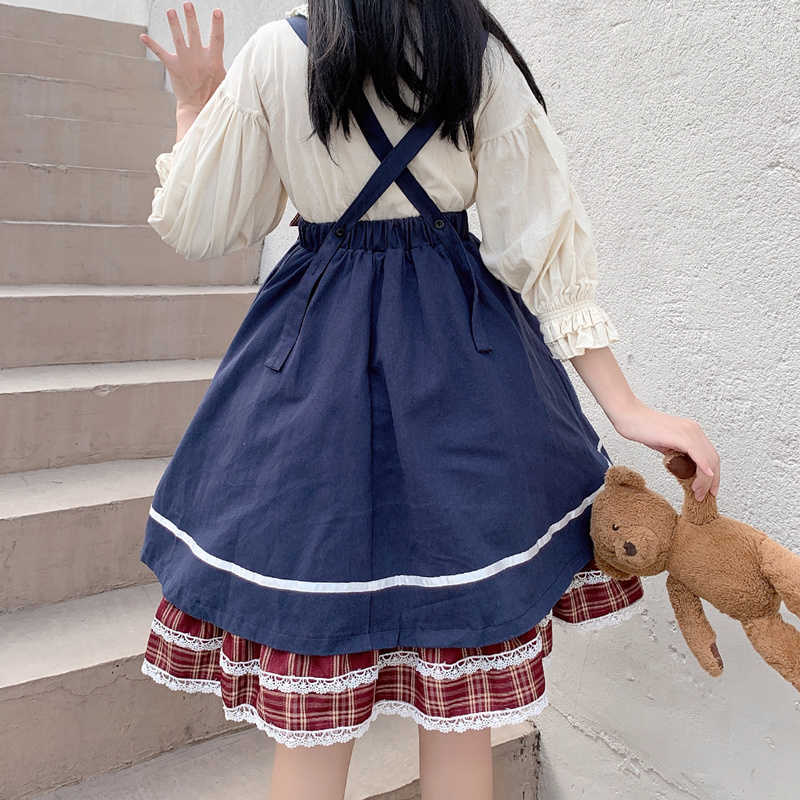 Skirts Kawaii Lolita Summer Skirt Japanese Soft Girl Teenage Students Lace Patchwork Ruffle Plaid High Waist Suspender faldas ESAG