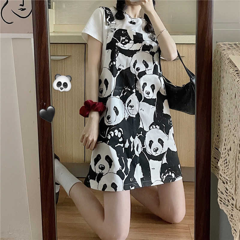 Casual Dresses Summer Women Mini Skirt Korean Style Kawaii Panda Print Short Suspender Skirts Teen Girls Overalls jupon 0JN3