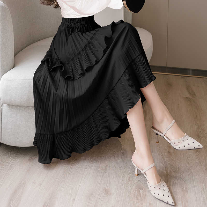 Skirts Spring Summer Cute Ruffle Women Korean Fashion High Waist Low Asymmetrical Long Midi Pleated Black W3ID