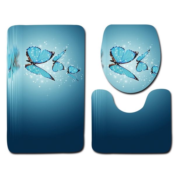 3Pcs-Set Blue Butterfly Floor Mat Door Mat Bathroom Carpet Waterproof Bathroom Toilet Seat Cover Floor Mat Bathroom Decor 210724