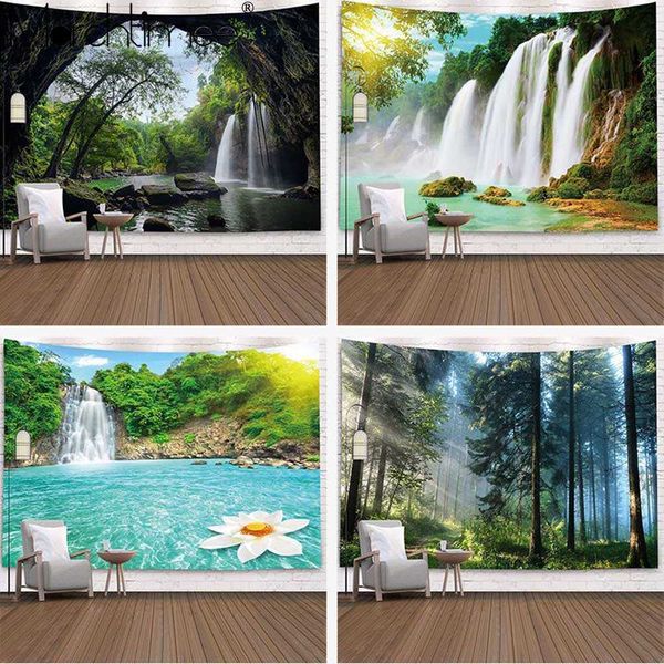 Forest Stream Tapestry 3D Beach Towel Waterfall Landscape Beautiful Painting Wall Carpet Yoga Mat Home Decor Tapestry Tablecloth 210609