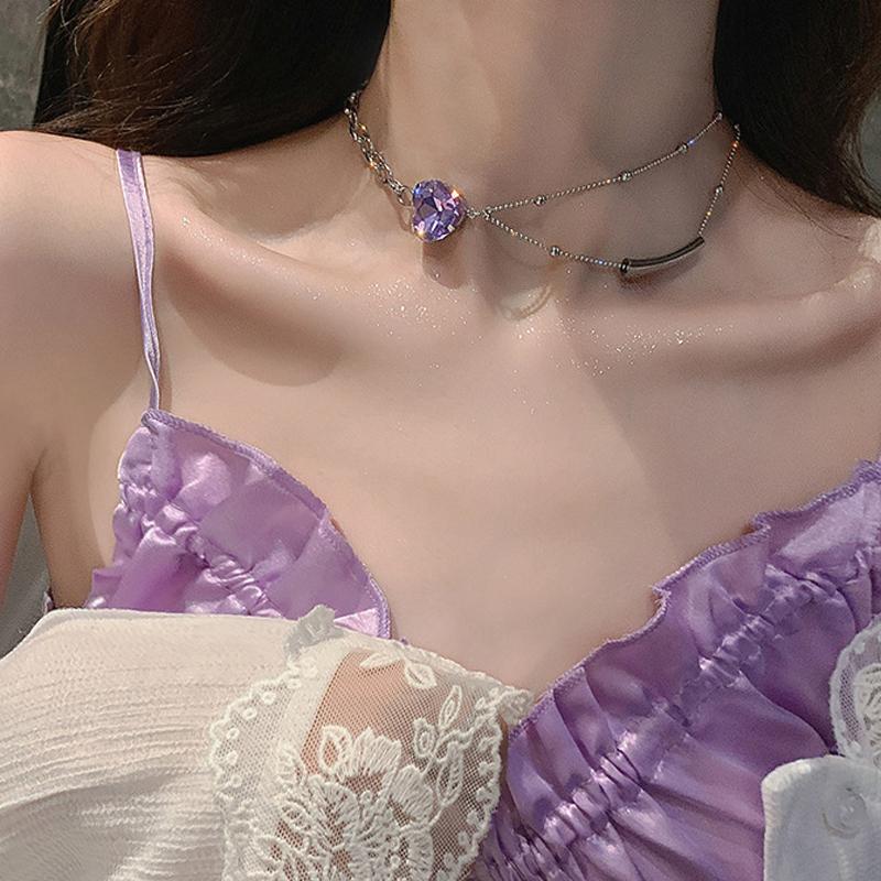 Chokers 2021 Purple Heart Rhinestone Choker Necklace For Women Girl Layered Aesthetic Neck Chains Korean Fashion Collar