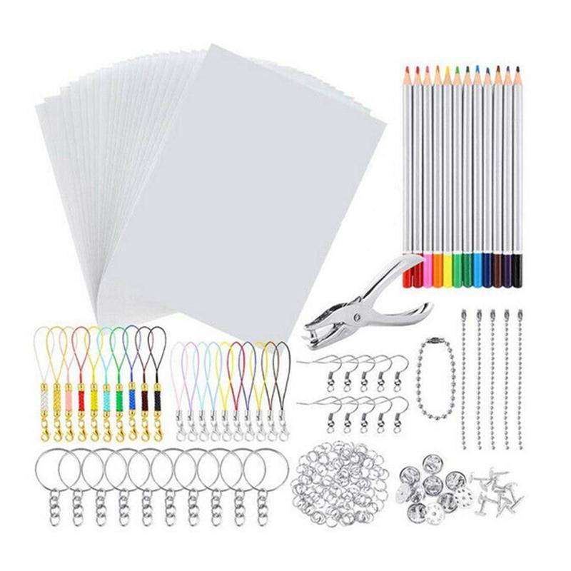 Keychains 198 PCS Shrinky Art Paper Heat Shrink Sheet Plastic Kit Hole Punch Pencils DIY Drawing Supply