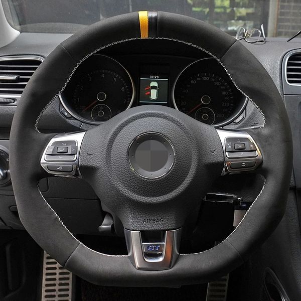 Car Steering Wheel Cover Hand-Stitched Non-slip Black Suede For Volkswagen Golf 6 GTI MK6 - Polo GTI - Scirocco R Passat CC