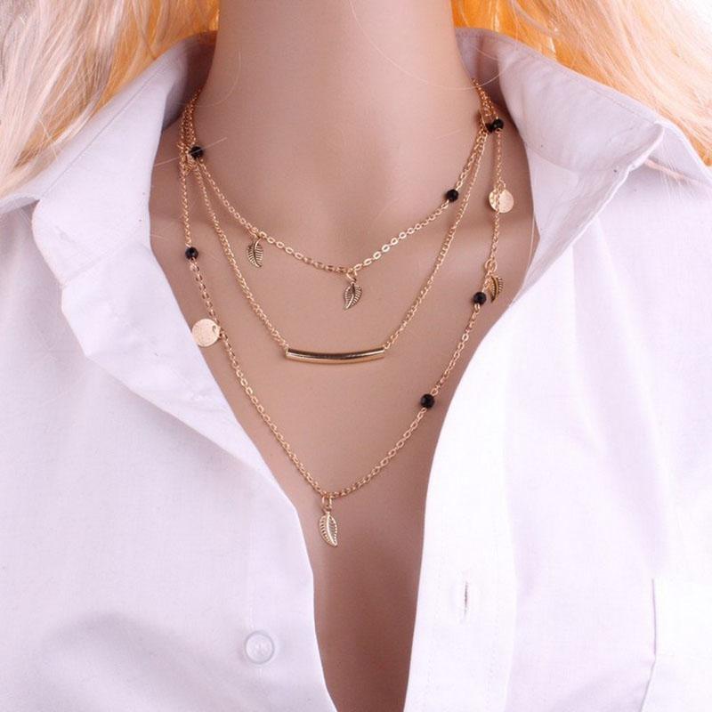 Pendant Necklaces Fashion Big Long Round Leaf Necklace Women Jewelery Women&#039;s Layered Leaves Charm Gilded Chain Choker D1235