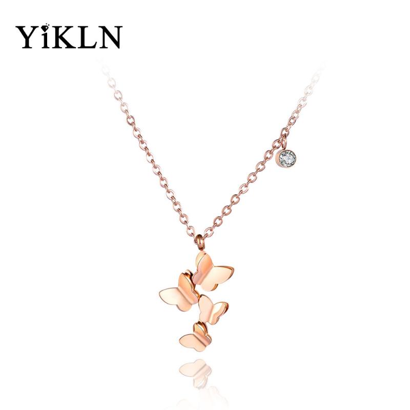 Pendant Necklaces YiKLN Titanium Stainless Steel Butterfly Jewelry Cubic Zirconia Chain Chokers Necklace For Women Girl YN19004