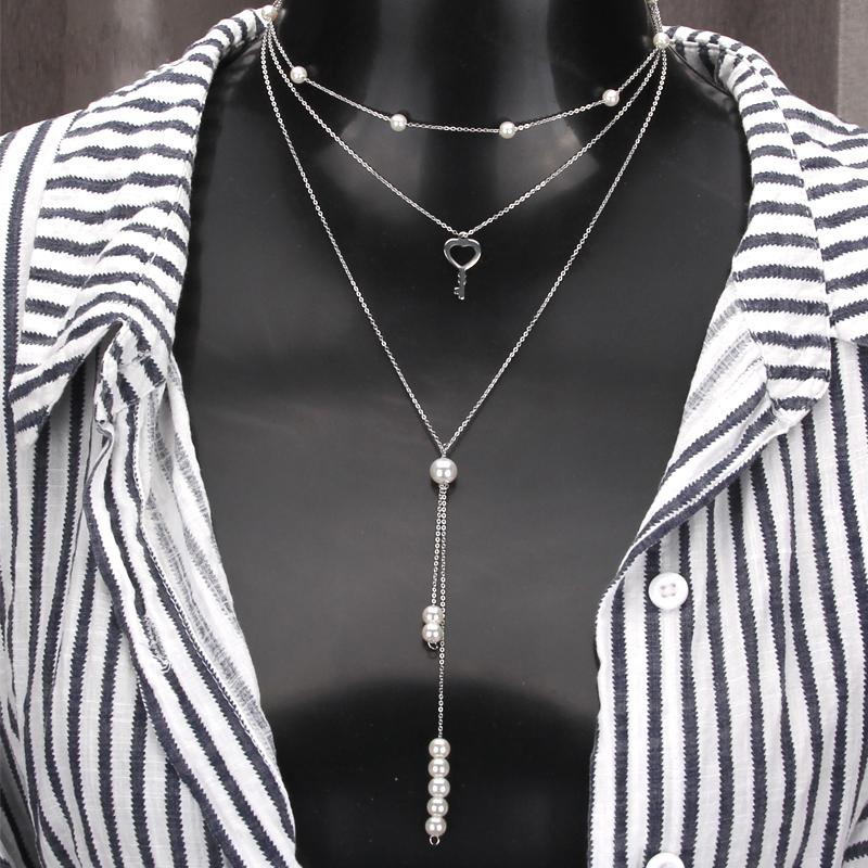 Pendant Necklaces Boho Fashion Women Y Shape Multilayer Long Artificial Pearls Tassel Metal Heart Key Necklace Choker Wedding Jewelry Gift