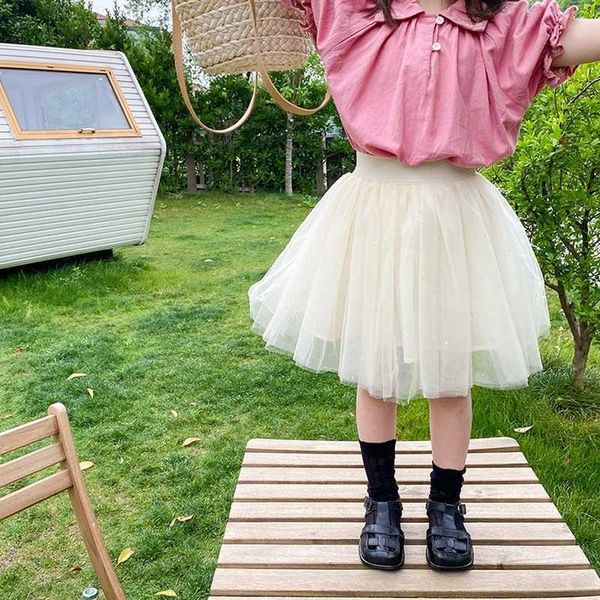 Girls Korean style fashion mesh skirts 1-8 years summer kids shining pleats TuTu Skirts 210615