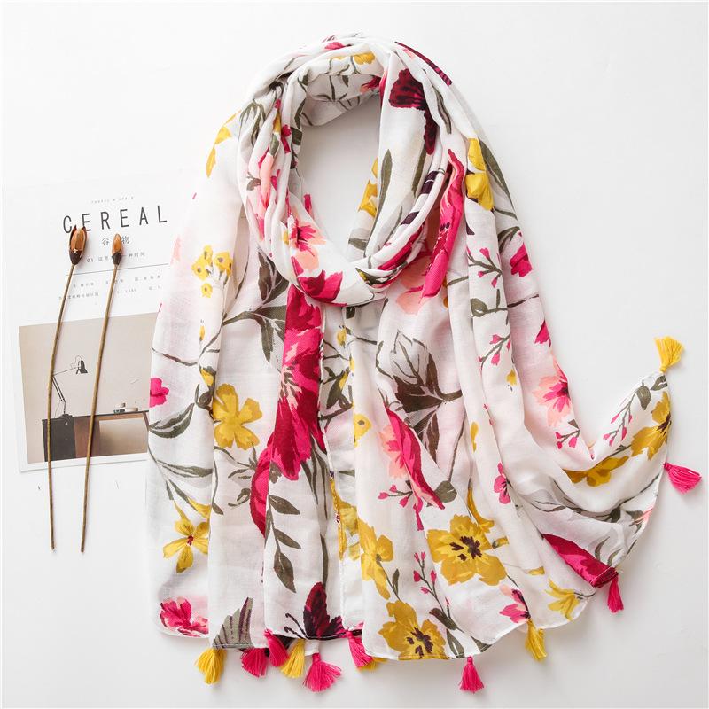 Scarves Flower Print Scarf Tassels Fashion Women Soft Turban Style Muslim Floral Hijabs