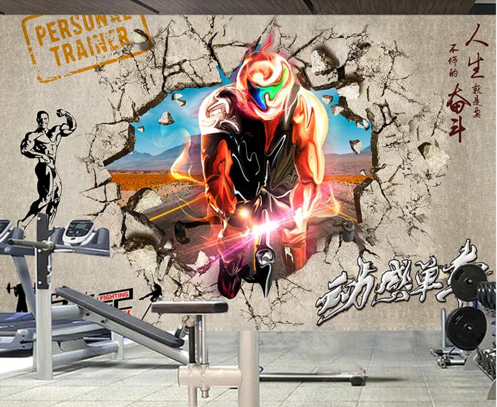 Custom murals 3d photo wallpaper on the wall Cement breaking wall exercise fitness spinning bike home decor living room 3d wall murals wallpaper for