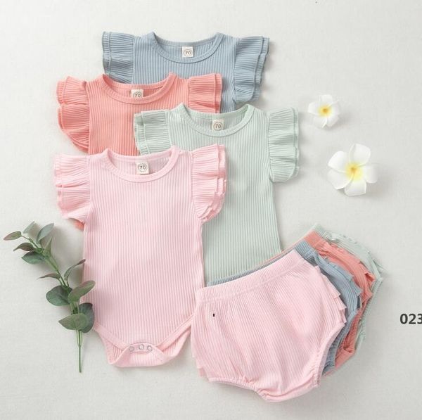 new Girl Baby Designs Clothing Sets Infant Girls Short Sleeve Tops Shorts Solid Thread Jumpsuits Ruffle Children Outfits Clothing Set EWB503
