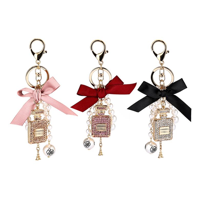 Keychains Fashion Imitation Pearl Perfume Bottle Keychain Car Key Ring Holder Bag Charm Pendant Accessories Bow Keyfob Women Keyring