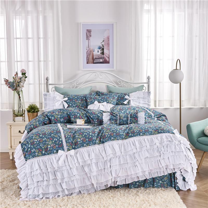 Bedding Sets Korean Princess Lace Embroidery Blue Floral Skirt-style Cake Layers Ruffles Set Pure Cotton Pillow Sham Duvet Cover1