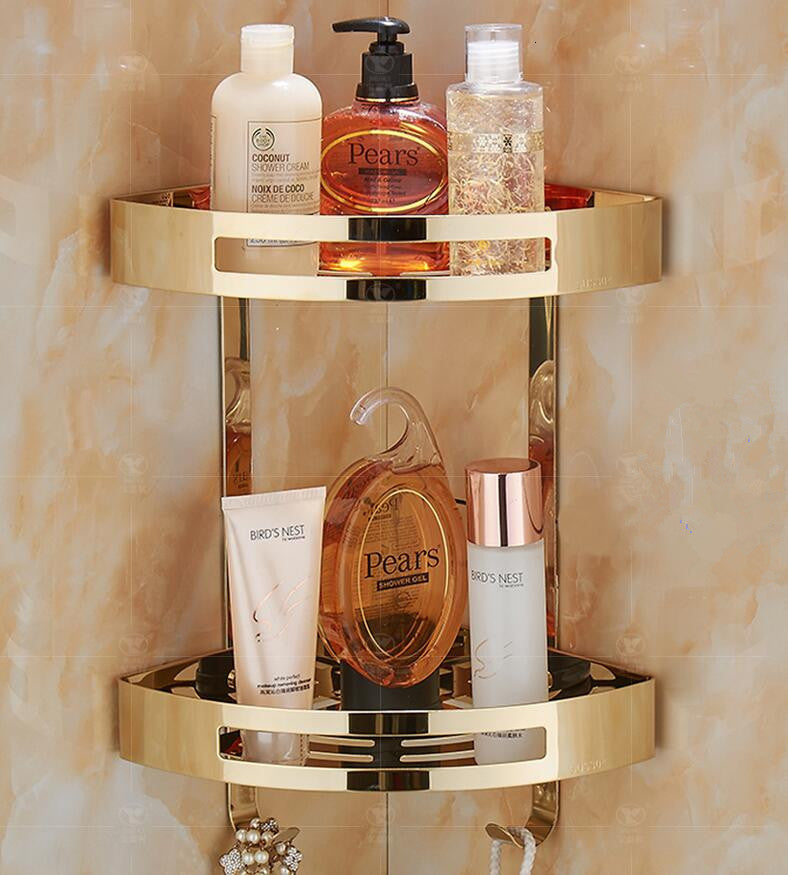 Bathroom Shelves Wall Mounted Gold Stainless Steel Soap Dish Shower Shelf Shampoo Holder Basket Corner P8n5