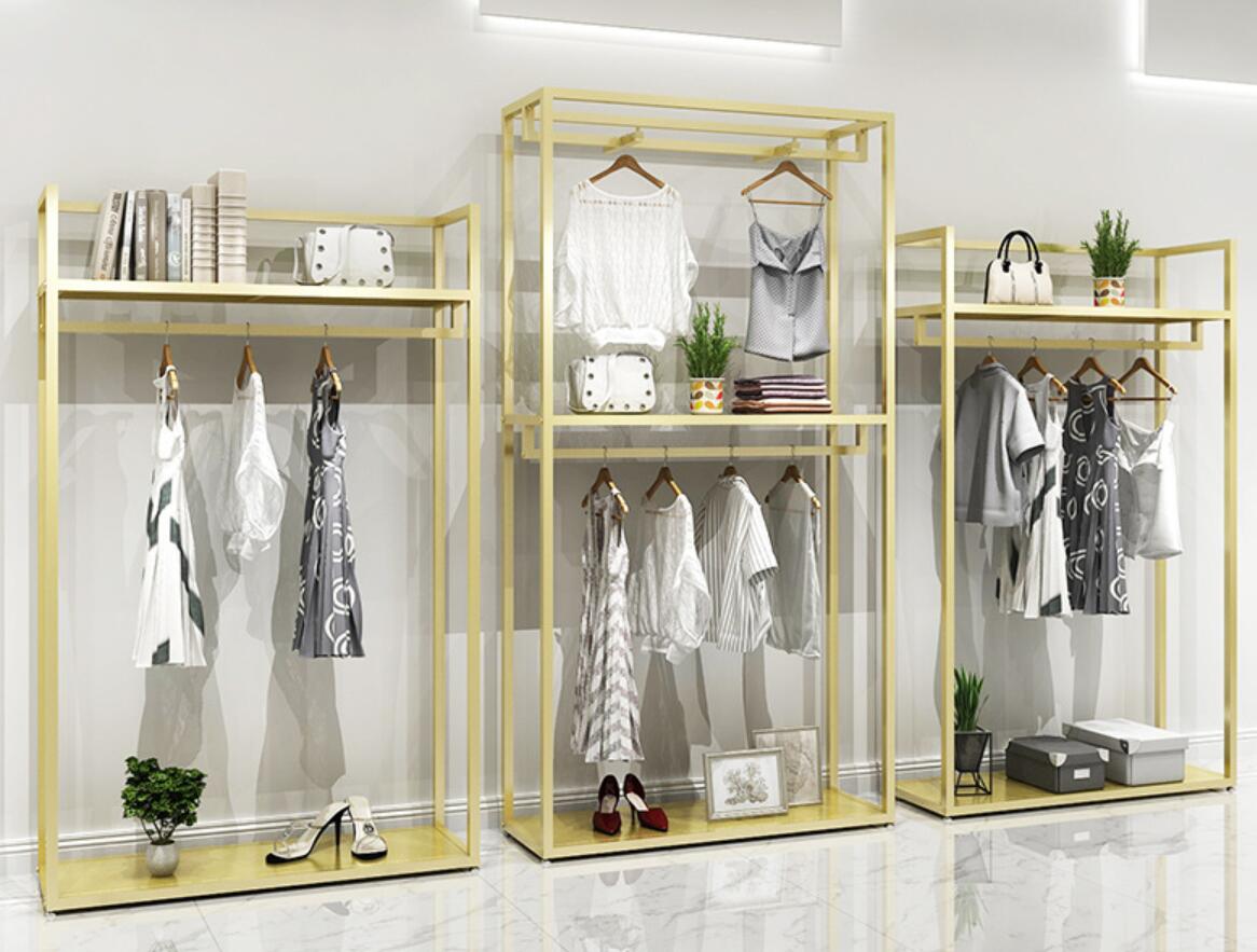 Gold Hanger men&#039;s and women&#039;s clothing store shelf Commercial Furniture clothes display rack floor type shelfs golden hangers cloth shop