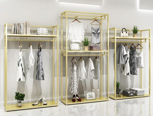 Gold Hanger men&#039;s and women&#039;s clothing store shelf Commercial Furniture clothes display rack floor type shelfs golden hangers clot