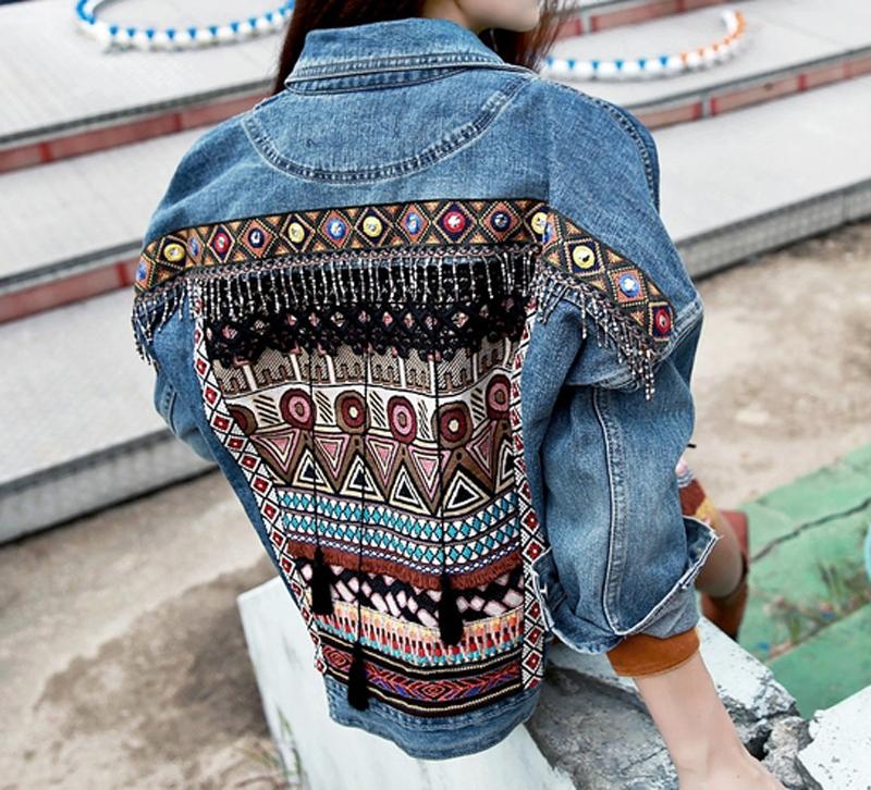 Women&#039;s Jackets Denim Jeans Jacket Women Vintage Ethnic Chic Appliques Embroidered Tassel Loose Long Sleeves Outerwear Blue Coats