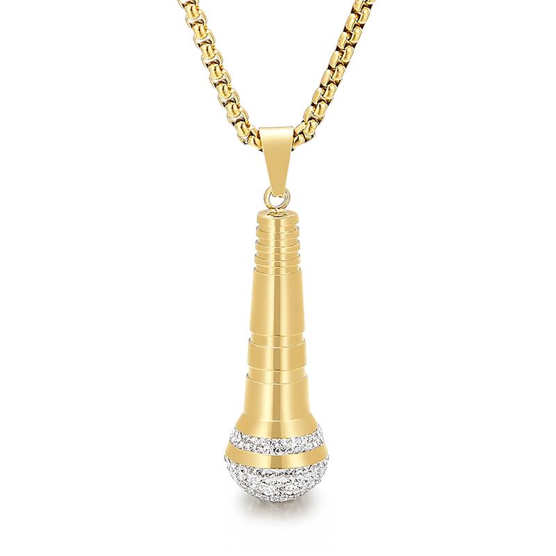 Pendant Necklaces Golden Microphone Hip Hop Rock Men&#039;s Stainless Steel Trend Necklace Popcorn Chain