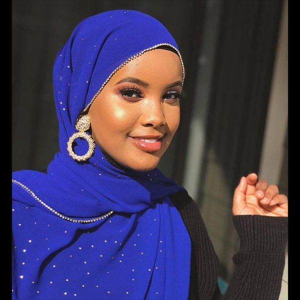 Scarves 1DOZEN Woman Latest Fashion Bubble Chiffon Scarf With Chain,plain Rhinestone Muslim Hijab,head Wrap Bandana,foulard Femme