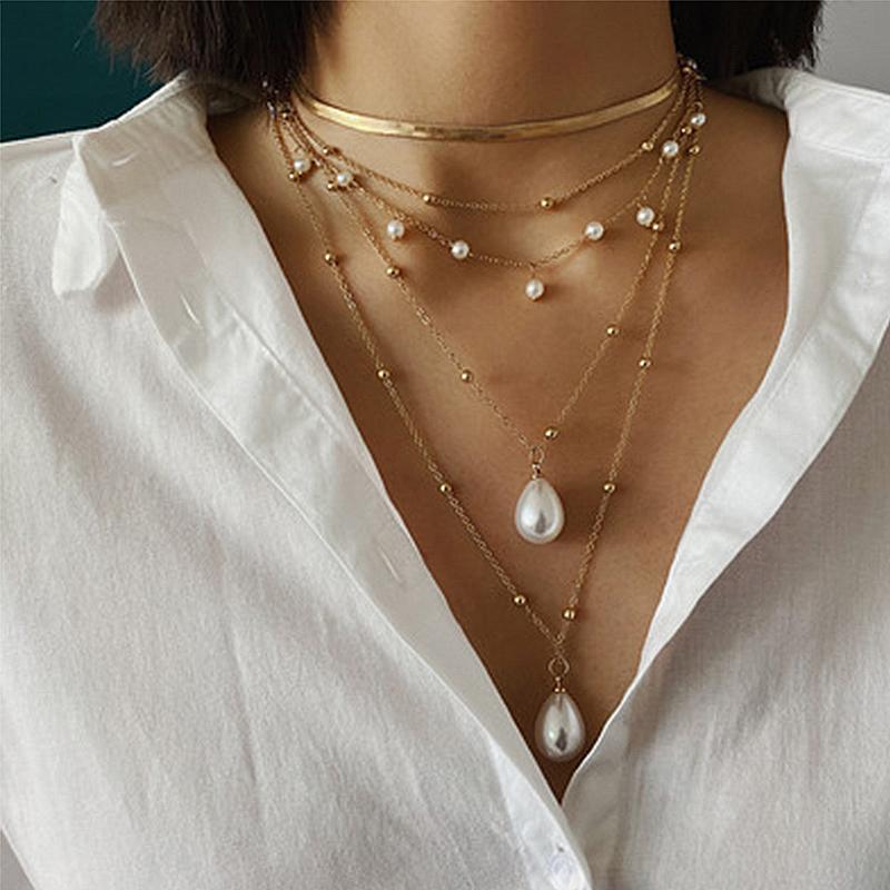 Pendant Necklaces Simple Pearl Necklace For Women 2021 Drop Gold Color Multi Layer Chain Choker Wedding Elegant Jewelry