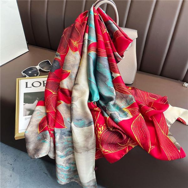 Scarves Autumn Designer Big Floral Scarf Women Silk Shawl Foulard Female Print Head Hijab Ladies Satin Long Bandana