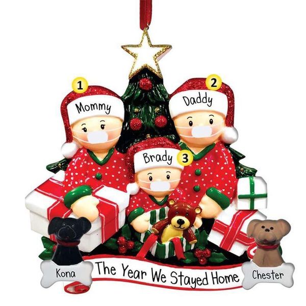 Trees 2020 Christmas Reindeer Quarantine Ornaments Xmas Customized Gift Family of Hang Decorations Snowman Face Mask Pendant