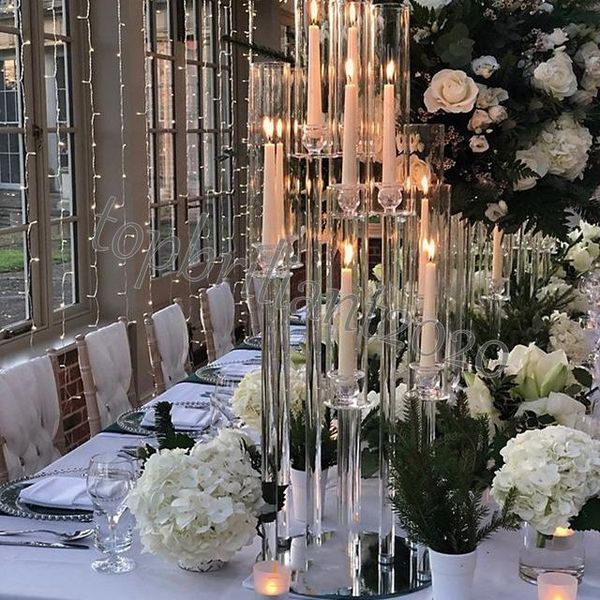 Latest Party Decoration Wholesale 10 Arms Long Stemmed Modern Clear Acrylic Tube Hurricane Crystal Candle Holders Wedding Table Centerpieces