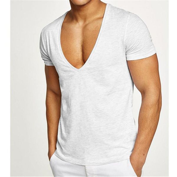 Men&#039;s T-Shirts Men Gyms Bodybuilding T-Shirt Deep V-Neck Show Chest Muscle Short Sleeve Tshirt Fitness Tee Shirt Activewear 6 Colors