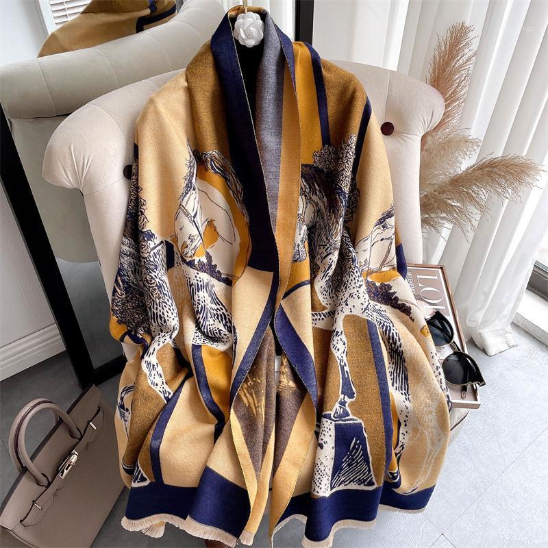 Scarves Winter Cashmere Scarf Women Horse Shawls Fashion Pashmina Thick Warm Wraps Female Geometric Print Blanket1
