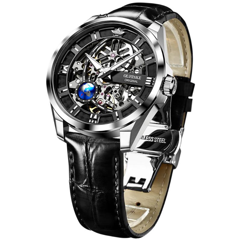 Wristwatches OUPINKE Men&#039;s Automatic Mechanical Watch Skeleton Design 50M Waterproof Sapphire Mirror Leather Strap Male Watches