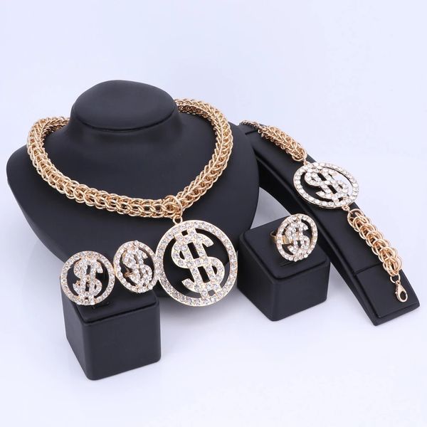 US Dollar Money Necklace&Pendant Gold Silver Color Chain For Women-Men Rhinestone Hip Hop Bling Bracelet Earring Ring Jewelry Sets