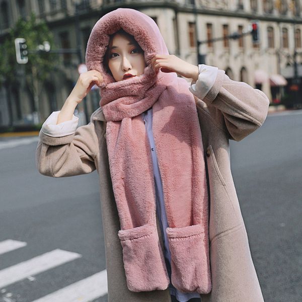 Winter Cute Women Solid Color Thick Warm Hat Scarf Gloves Set Windproof Soft Comfortable Daily Casual Scarves Caps Cycling Neck Warmer JY083