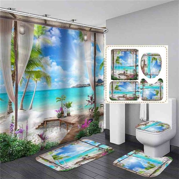 Ocean Tree Summer Beach Printed Shower Curtain Set Waterproof Bathroom Curtains Toilet Lid Cover Pedestal Rug Non-slip Bath Mat 210915