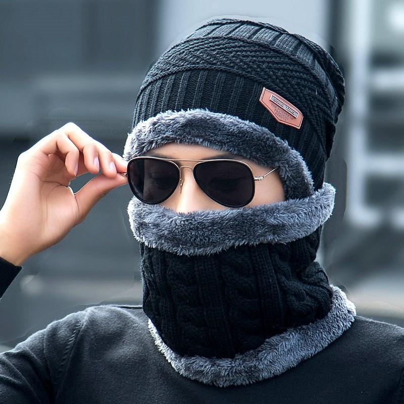 Hats, Scarves & Gloves Sets Men Hat Windproof Winter Youth Outdoor Fashion Knitting Wool Warm Thick Ear Cover And Neck Scarf Man Two Pieces
