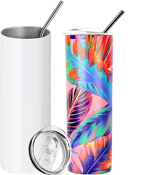 Sublimation Tumblers 20 oz Stainless Steel Mug Double Wall Insulated Blank DIY Cups For Birthday Gifts with Lid Plastic Straws US warehouse