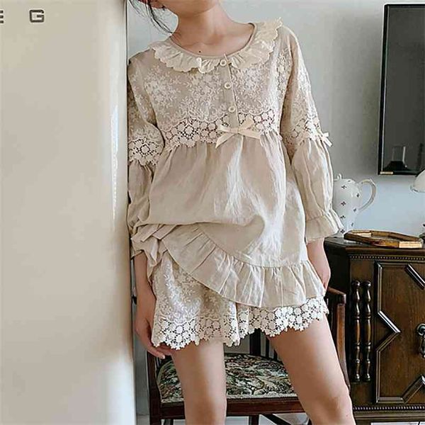 Summer Women&#039;s Flower Embroidery Linen Pajama Sets Tops+Shorts.Vintage Ladies Girl&#039;s Pyjamas set.Victorian Sleepwear Loungewear 21