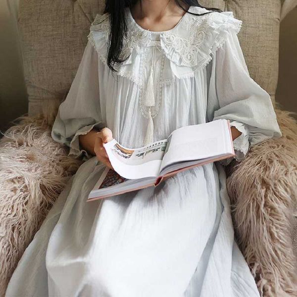 Vintage Embroidery Cotton Women&#039;s Long Nightgowns Spring Autumn Sleepwear Elegant Female Night Dress comfortable Homewear 210924