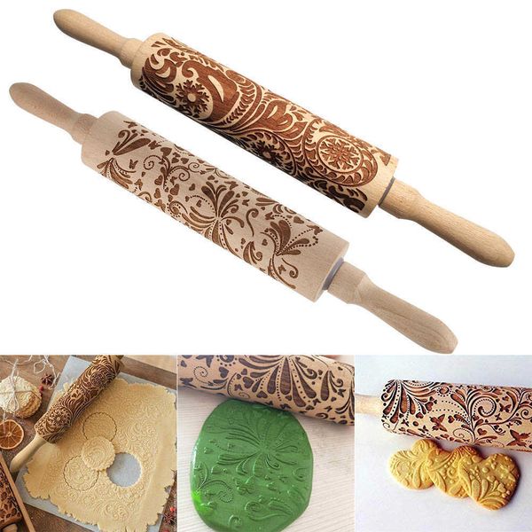 39cm Wooden Rolling Pin Wood Carved Printing Cookies Biscuit Fondant Dough Baking Engraved Printed Roller Embossing Baking Tools 211008
