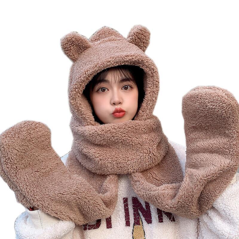 Hats, Scarves & Gloves Sets Bear Ear Beanie Hat Scarf Set Winter Women Cap Warm Lamb Plush Girl Pockets Hats Long Hooded Srarves With Mitten