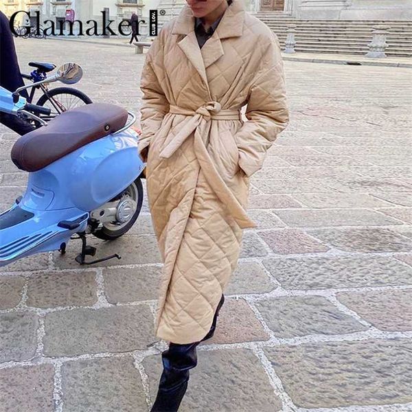 Glamaker Casual rhombus printed women winter parka Long deep pockets straight coat Female tailored collar outerwear 211018