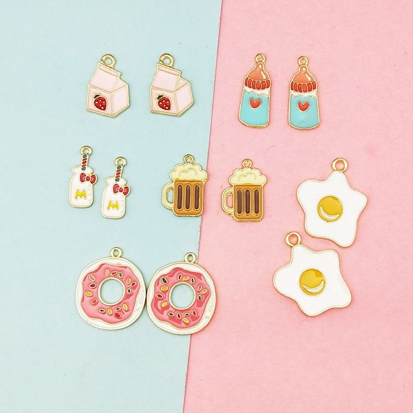 20pcs Enamel Food Omelette Milk Bottle Donut Beer Cup Drip Oil Charms Pendant for Bracelet Earring Jewelry DIY Accessories