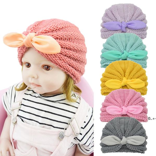Winter Baby Knitted Hat Candy Color Bunny Ears Woolen Hats Infant Pullover Caps Newborn Baby Knotted Cap Accessories RRB11387